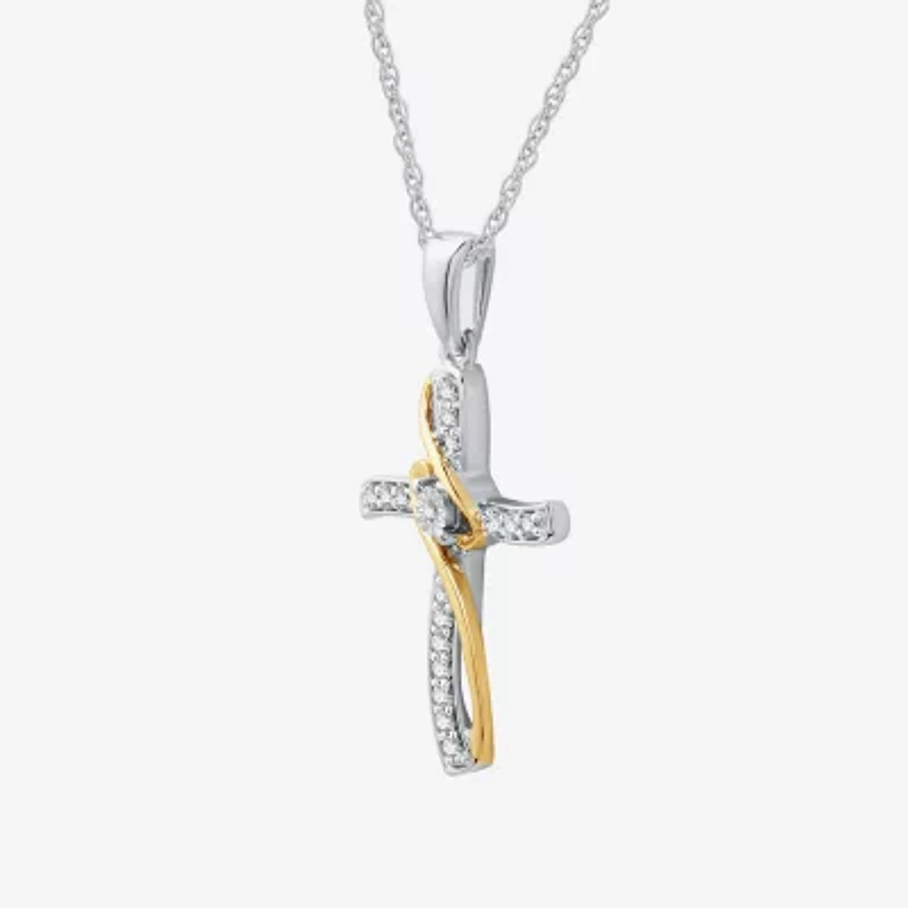 Womens 1/10 CT. T.W. Lab Grown White Diamond 10K Two Tone Gold Cross 18 Inch Pendant Necklace