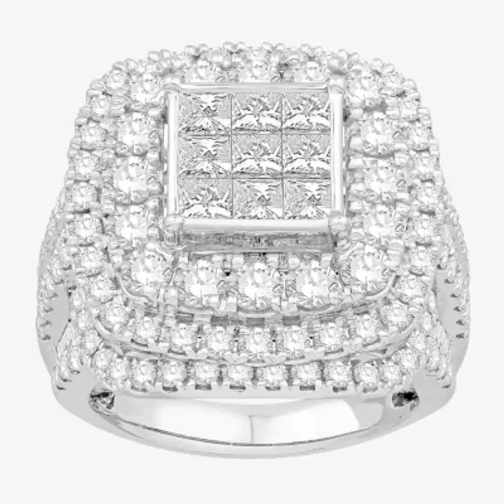 Womens 4 CT. T.W. Natural White Diamond 10K White Gold Cushion Side Stone Engagement Ring