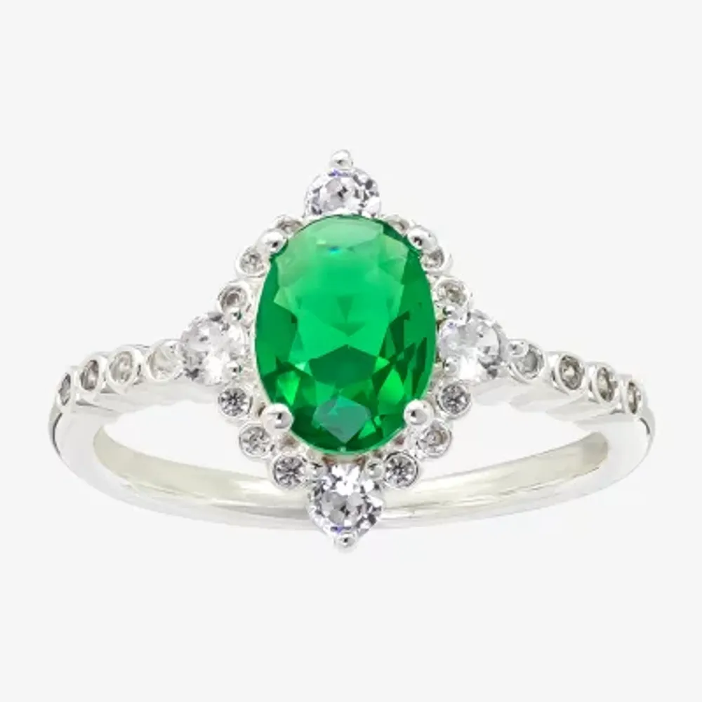 Sparkle Allure Womens Green Cubic Zirconia Pure Silver Over Brass Oval Halo Cocktail Ring