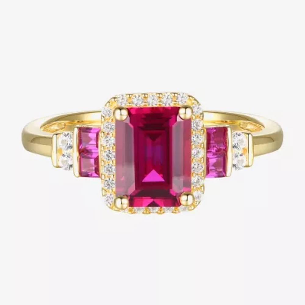 Womens Lab Created Red Ruby 14K Gold Over Silver Side Stone Cocktail Ring