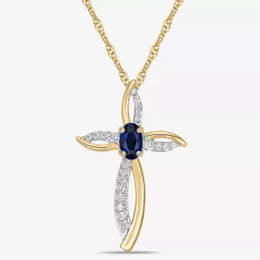 Womens 1/10 CT. T.W. Lab Created Blue Sapphire 10K Gold Cross Round 18 Inch Pendant Necklace