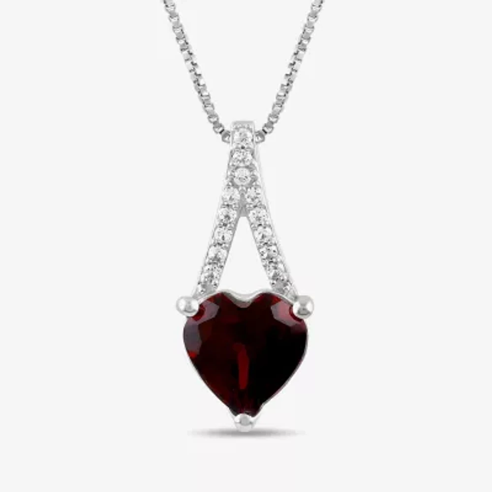 Womens Genuine Red Garnet Sterling Silver Heart 18 Inch Pendant Necklace