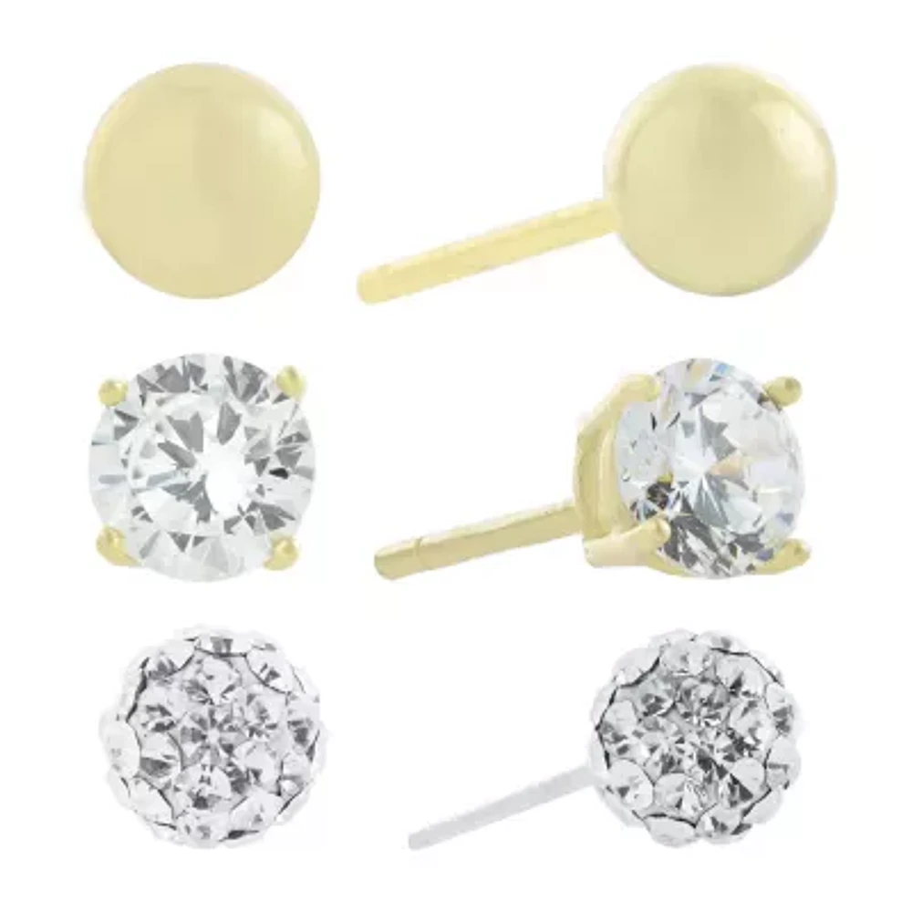 Silver Treasures Womens Cubic Zirconia 14K Gold Over Silver 3 Pair Earring Set