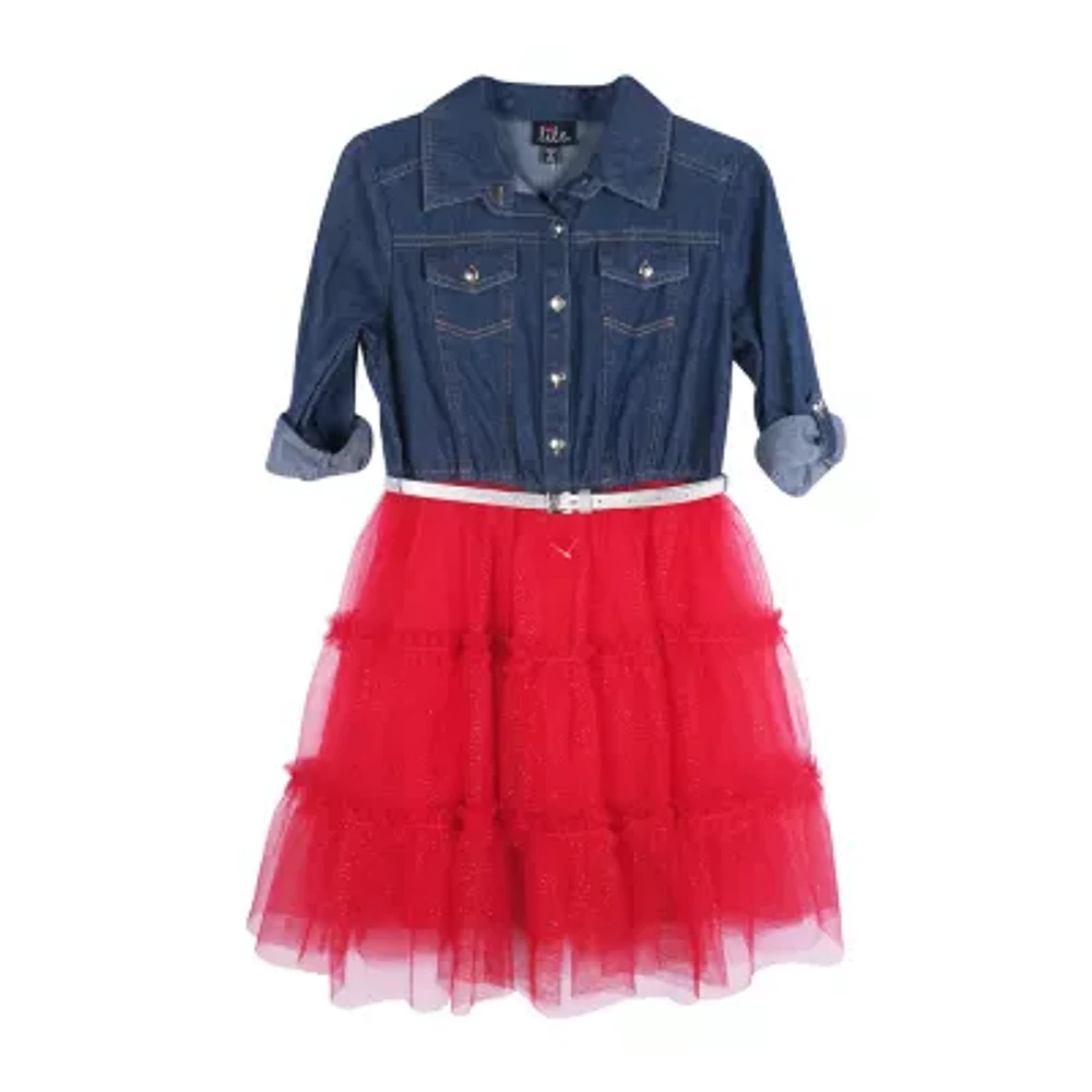 Lilt Little & Big Kid Girls 3/4 Sleeve Roll Tab Sleeve Tutu Dress