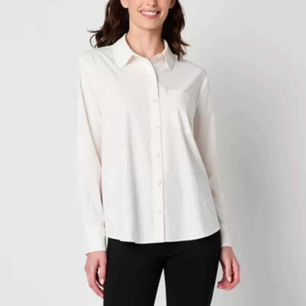 Stylus Womens V Neck Long Sleeve Button-Down Shirt