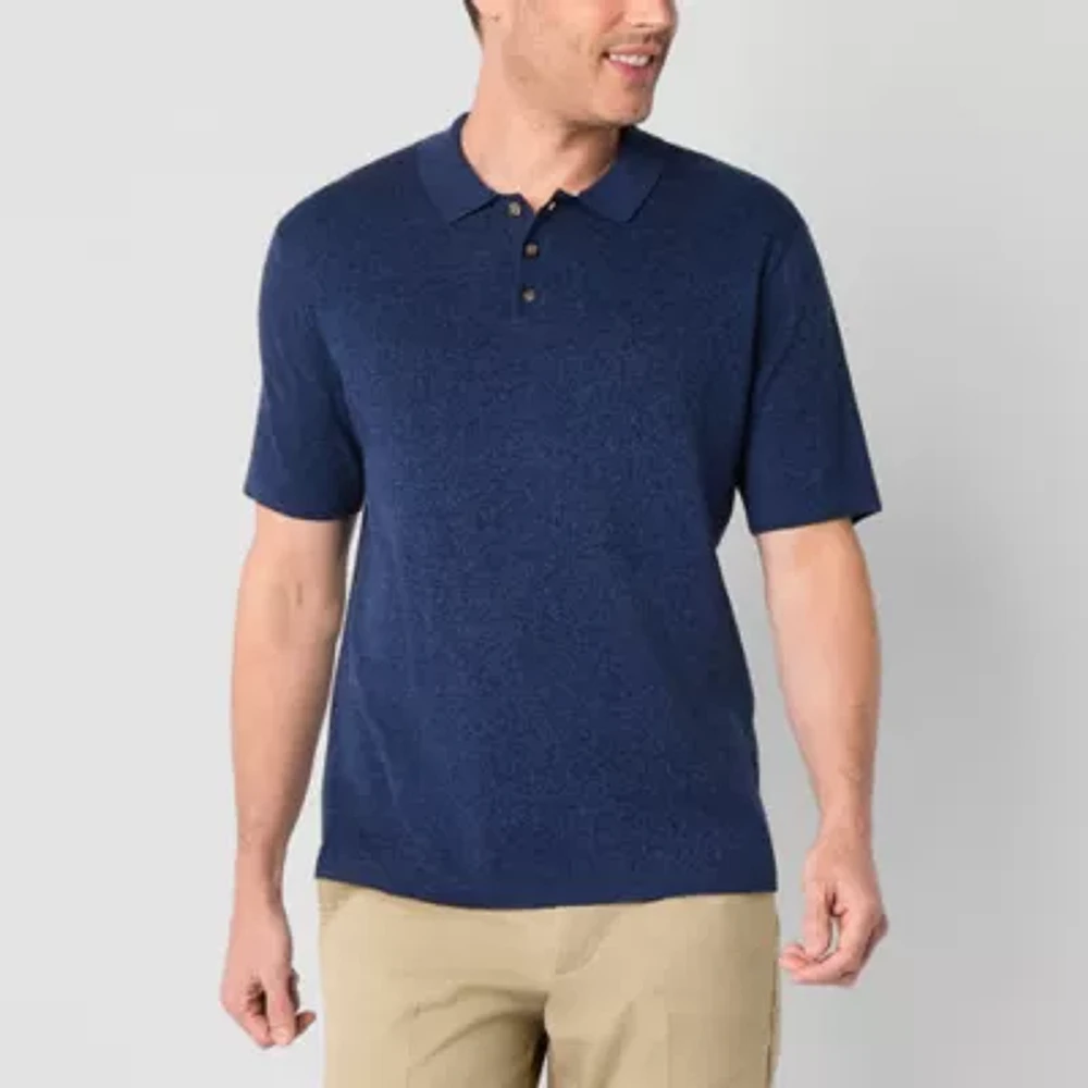Stafford Linen Blend Mens Short Sleeve Button Polo Sweater