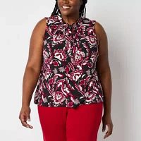 Liz Claiborne Womens Split Tie Neck Sleeveless Plus Blouse