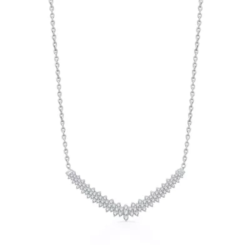Womens White Diamond 10K White Gold 16 Inch Chevron Necklace