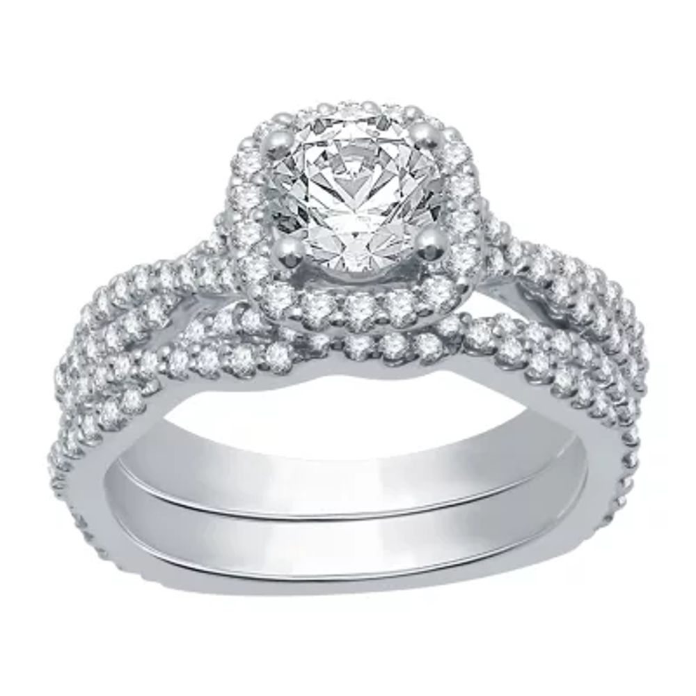(H-I / Si1-Si2) Womens 1 5/8 CT. T.W. Lab Grown White Diamond 14K Gold Side Stone Halo Engagement Ring