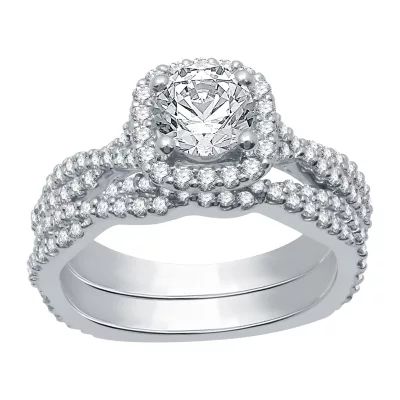 (H-I / Si1-Si2) Womens 1 5/8 CT. T.W. Lab Grown White Diamond 14K Gold Side Stone Halo Engagement Ring
