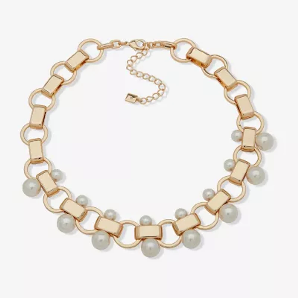 Worthington Gold Tone & Pearl Link Womens 17 Inch Collar Necklace