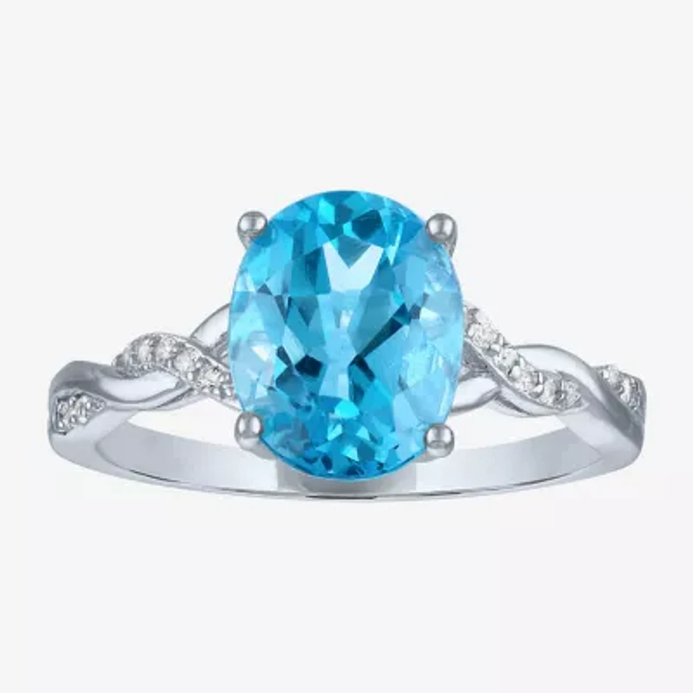 Womens Genuine Blue Topaz Sterling Silver Oval Side Stone Cocktail Ring