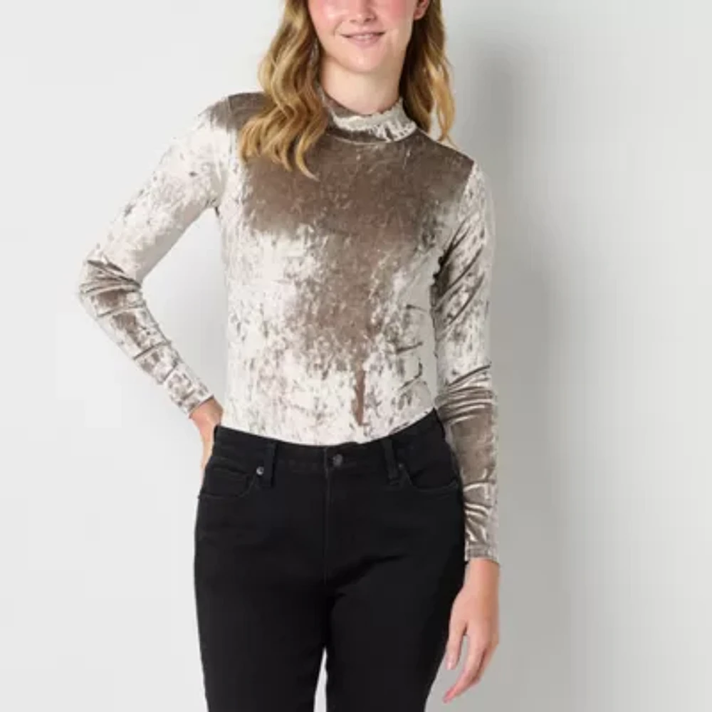 Arizona Velvet Womens Mock Neck Long Sleeve Bodysuit Juniors