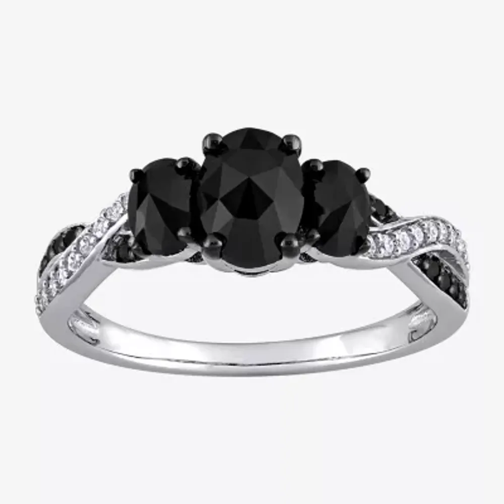 Midnight Black Womens 1 3/8 CT. T.W. Natural Diamond 10K White Gold Oval Side Stone 3-Stone Engagement Ring