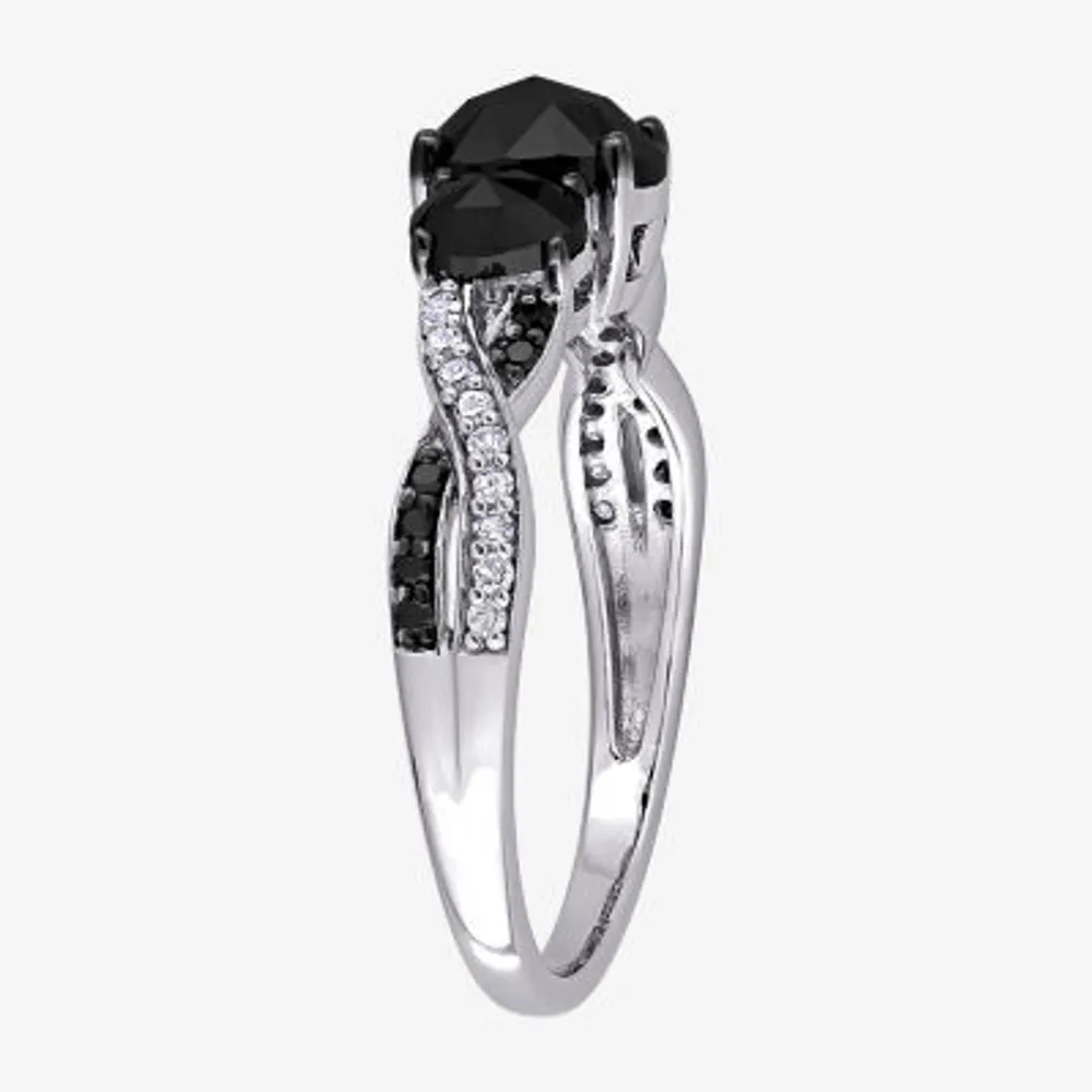 Midnight Black Womens 1 3/8 CT. T.W. Natural Diamond 10K White Gold Oval Side Stone 3-Stone Engagement Ring