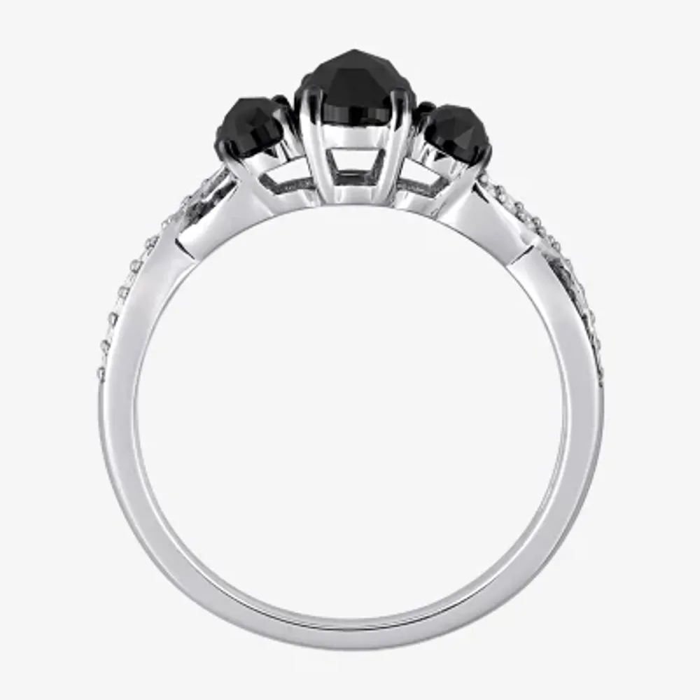 Midnight Black Womens 1 3/8 CT. T.W. Natural Diamond 10K White Gold Oval Side Stone 3-Stone Engagement Ring