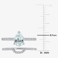Womens 1/4 CT. T.W. Genuine Blue Aquamarine 14K White Gold Pear Side Stone Bridal Set