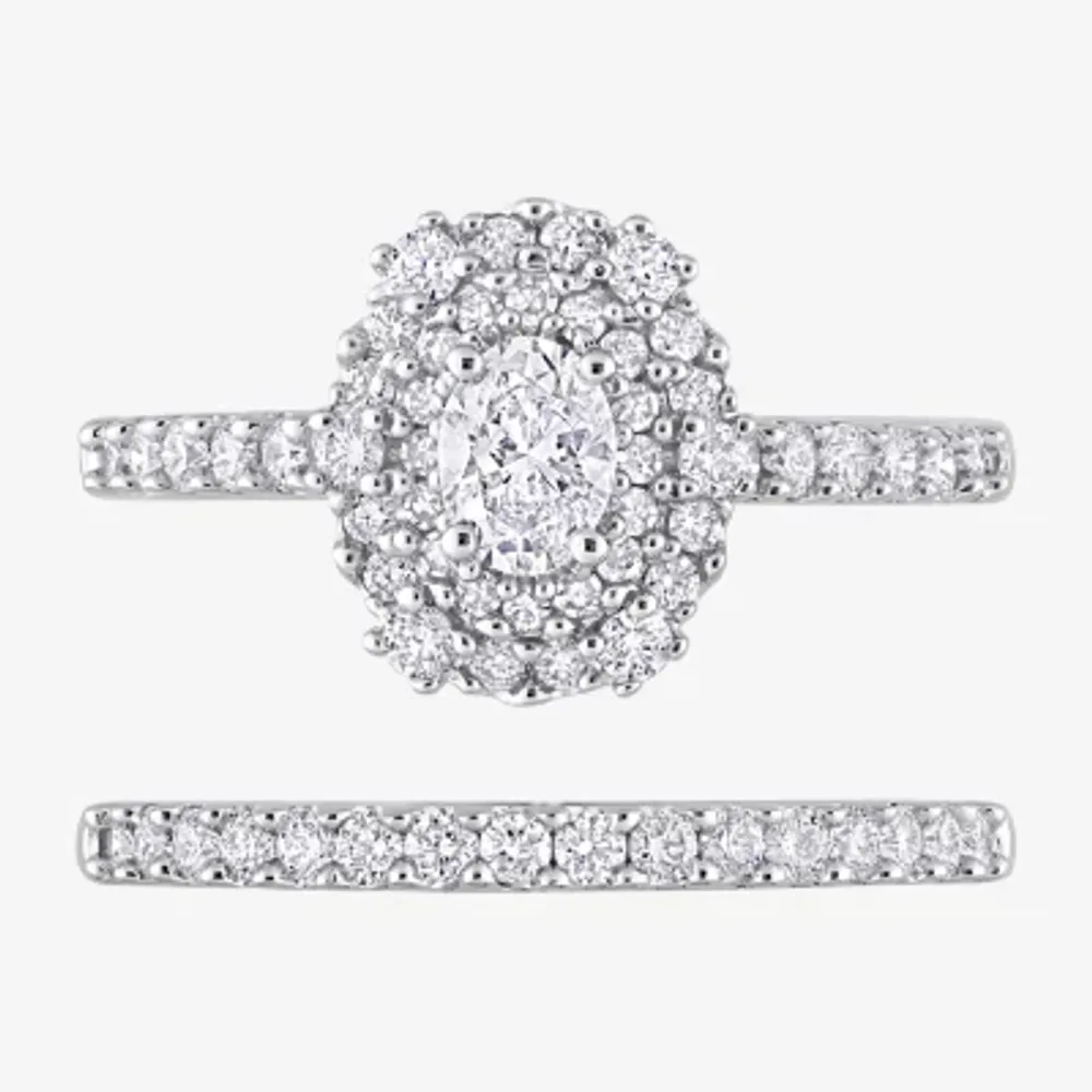 Womens 1 CT. T.W. Natural White Diamond 14K Gold Oval Side Stone Halo Bridal Set