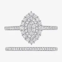 Womens 1/2 CT. T.W. Natural White Diamond 10K Gold Marquise Side Stone Halo Bridal Set