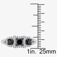Midnight Black Womens 1 CT. T.W. Natural Diamond 10K White Gold 3-Stone Halo Engagement Ring