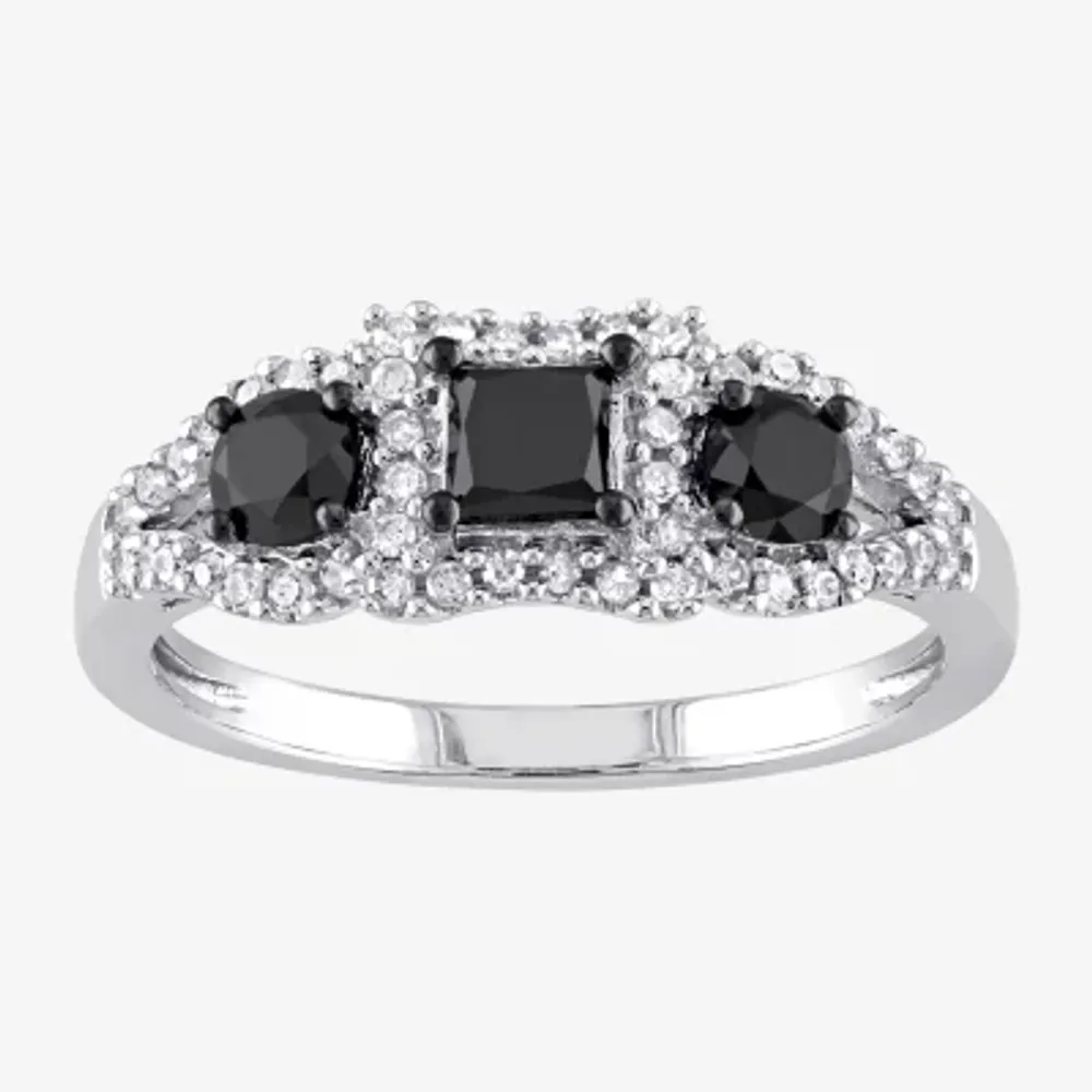 Midnight Black Womens 1 CT. T.W. Natural Diamond 10K White Gold 3-Stone Halo Engagement Ring