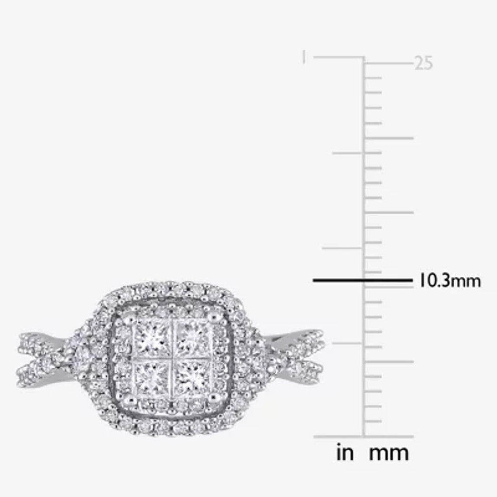 Womens 1 CT. T.W. Natural White Diamond 10K Gold Cushion Side Stone Halo Engagement Ring