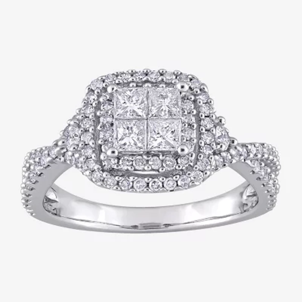 Womens 1 CT. T.W. Natural White Diamond 10K Gold Cushion Side Stone Halo Engagement Ring