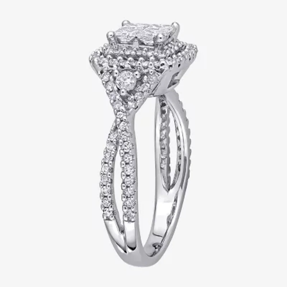 Womens 1 CT. T.W. Natural White Diamond 10K Gold Cushion Side Stone Halo Engagement Ring