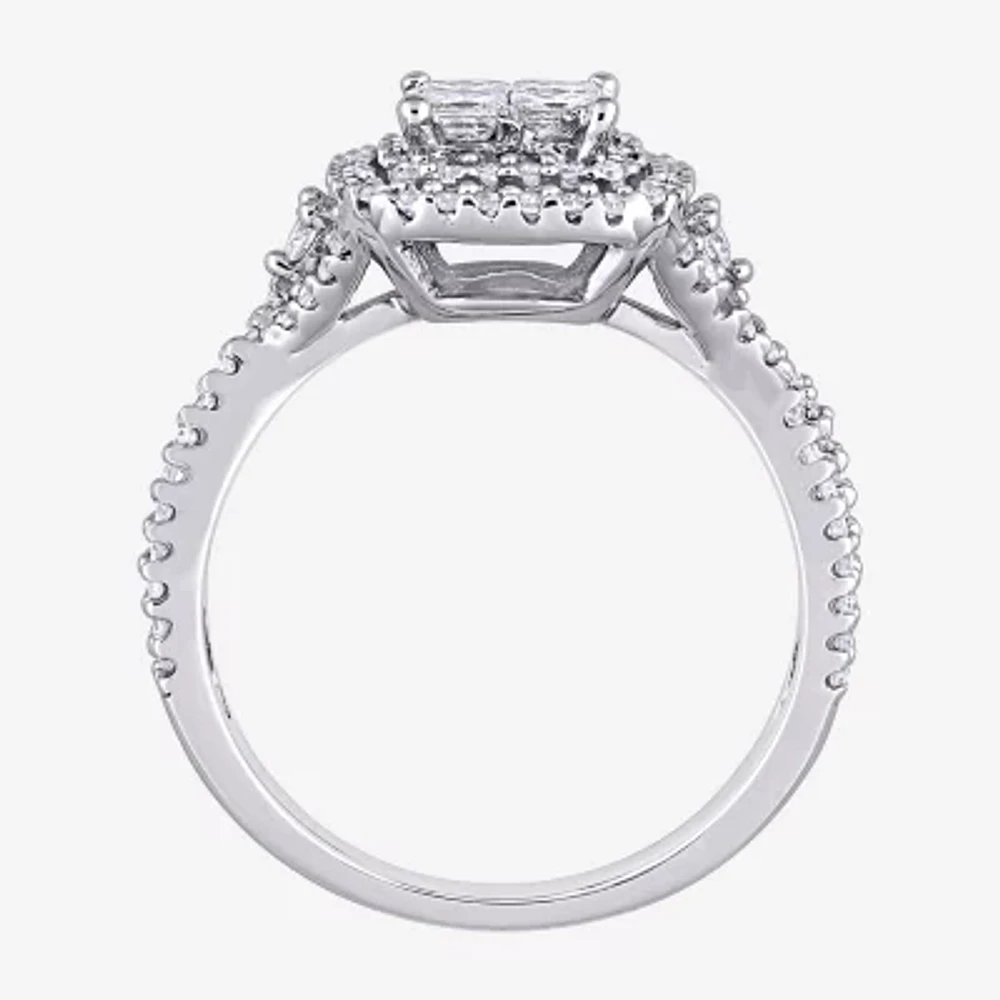 Womens 1 CT. T.W. Natural White Diamond 10K Gold Cushion Side Stone Halo Engagement Ring