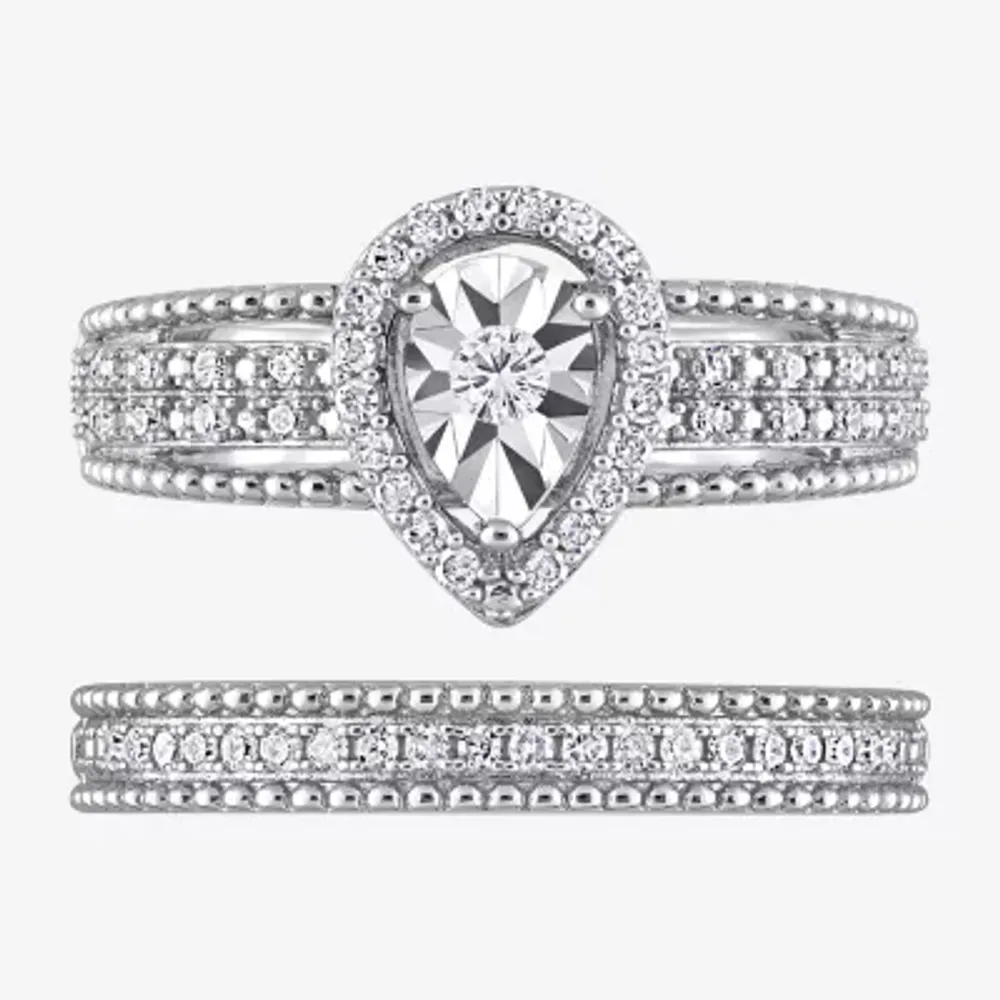 Womens 1/3 CT. T.W. Natural White Diamond Sterling Silver Pear Halo Bridal Set