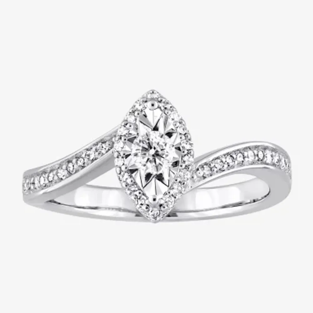 Womens 1/4 CT. T.W. Natural White Diamond Sterling Silver Marquise Side Stone Bypass Engagement Ring
