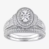 Womens 1/4 CT. T.W. Natural White Diamond Sterling Silver Oval Halo Bridal Set