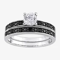Womens 1/5 CT. Natural Black Diamond Sterling Silver Round Side Stone Bridal Set