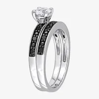 Womens 1/5 CT. Natural Black Diamond Sterling Silver Round Side Stone Bridal Set