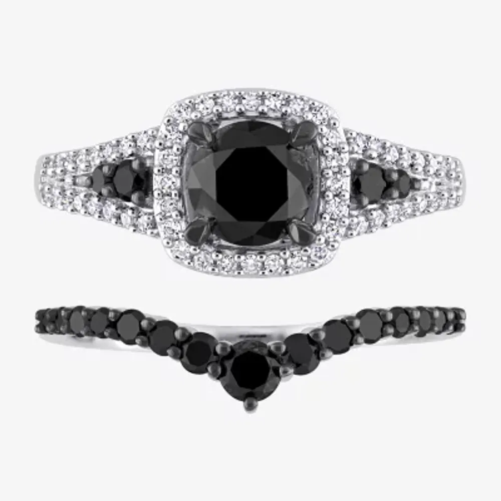 Womens 1 1/2 CT. T.W. Natural Black Diamond 10K White Gold Cushion Side Stone Halo Bridal Set