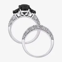 Midnight Black Womens 3 CT. T.W. Natural Diamond 10K White Gold Round Side Stone 3-Stone Bridal Set