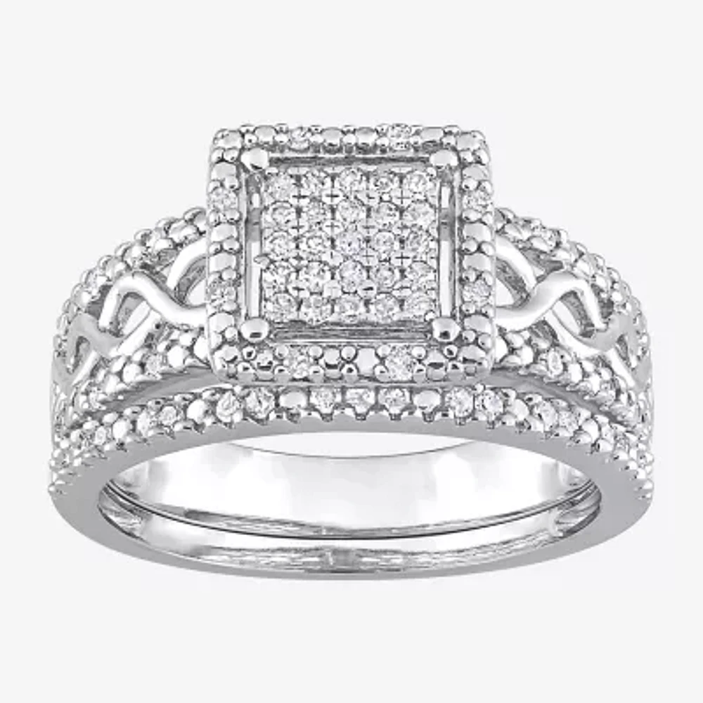 Womens 1/3 CT. T.W. Natural White Diamond Sterling Silver Halo Bridal Set