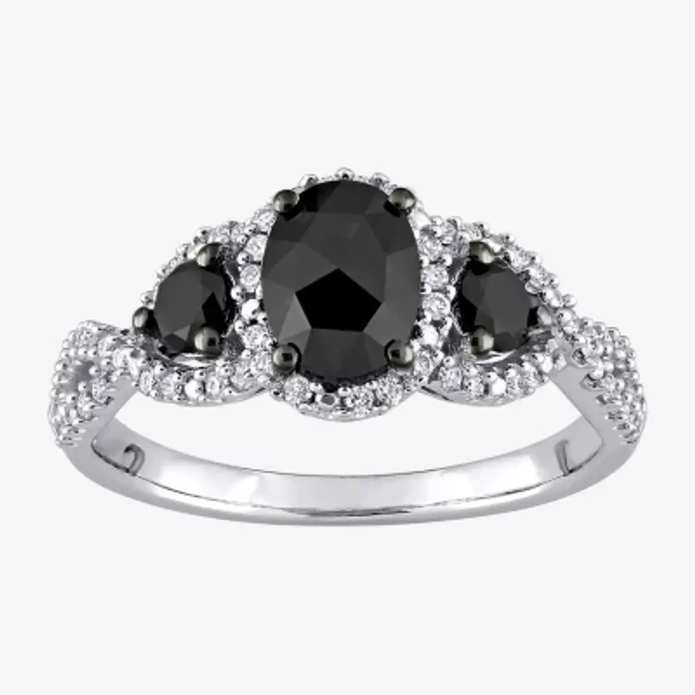 Midnight Black Womens 1 1/3 CT. T.W. Natural Diamond 14K White Gold Oval Side Stone 3-Stone Engagement Ring