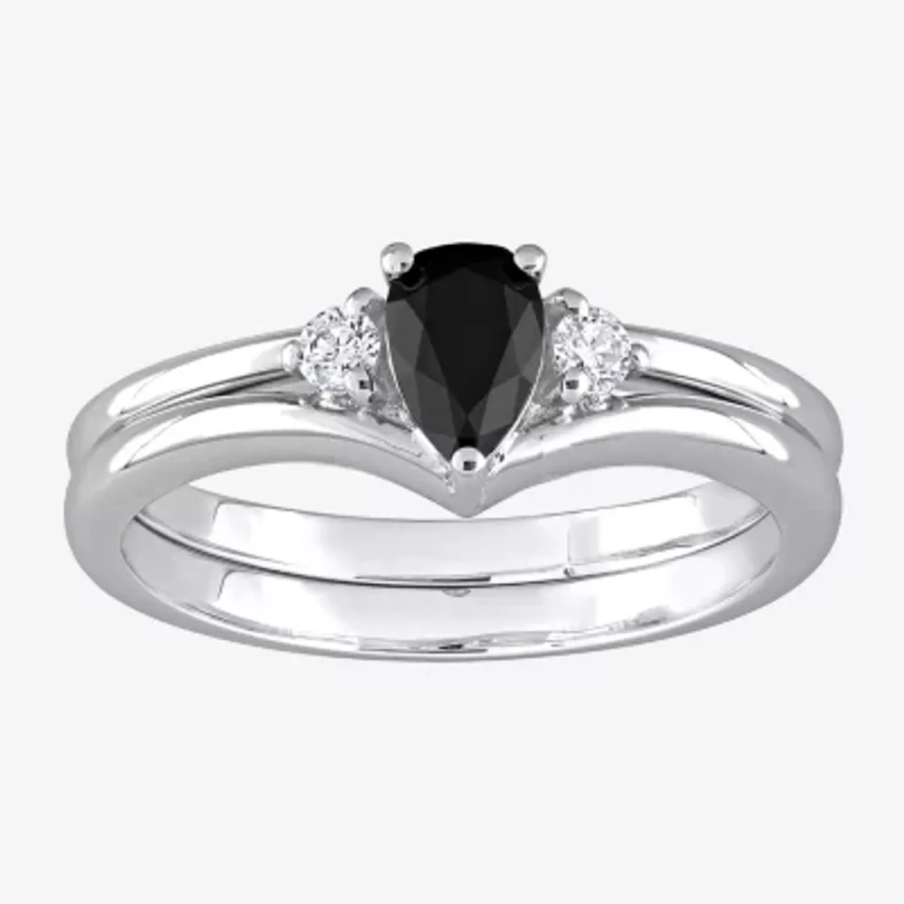 Midnight Black Womens 5/8 CT. T.W. Natural Diamond 10K White Gold Pear 3-Stone Bridal Set
