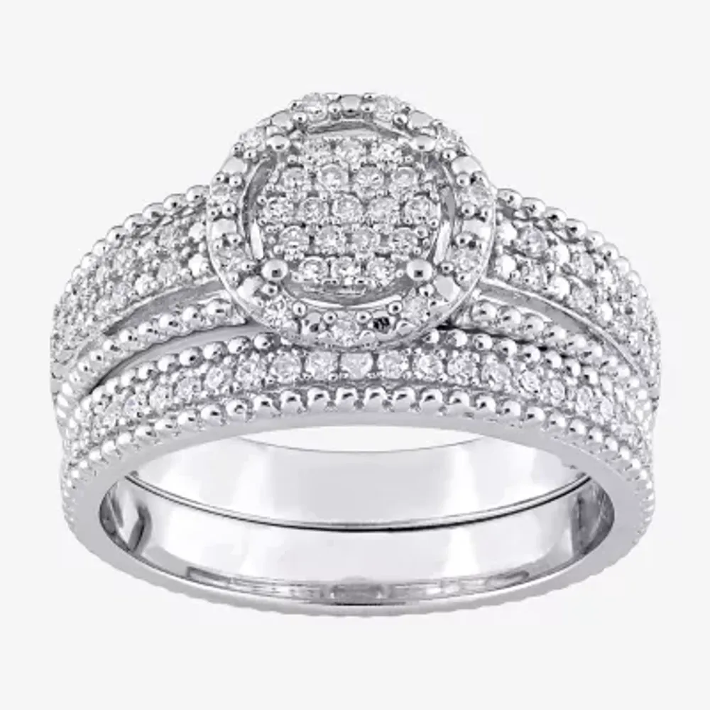 Womens 1/3 CT. T.W. Natural White Diamond Sterling Silver Round Side Stone Halo Bridal Set