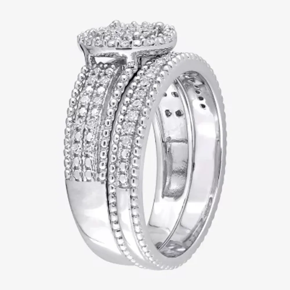 Womens 1/3 CT. T.W. Natural White Diamond Sterling Silver Round Side Stone Halo Bridal Set