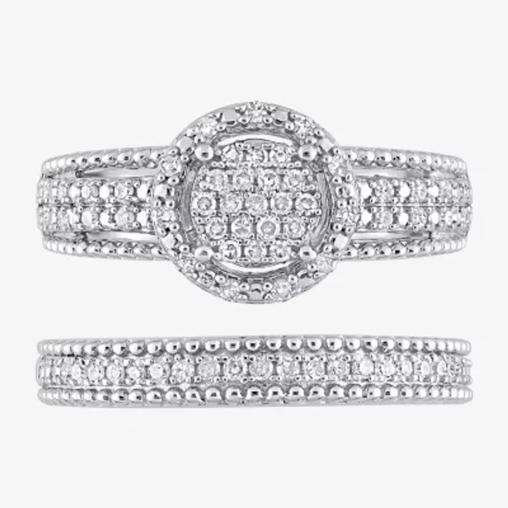 Womens 1/3 CT. T.W. Natural White Diamond Sterling Silver Round Side Stone Halo Bridal Set
