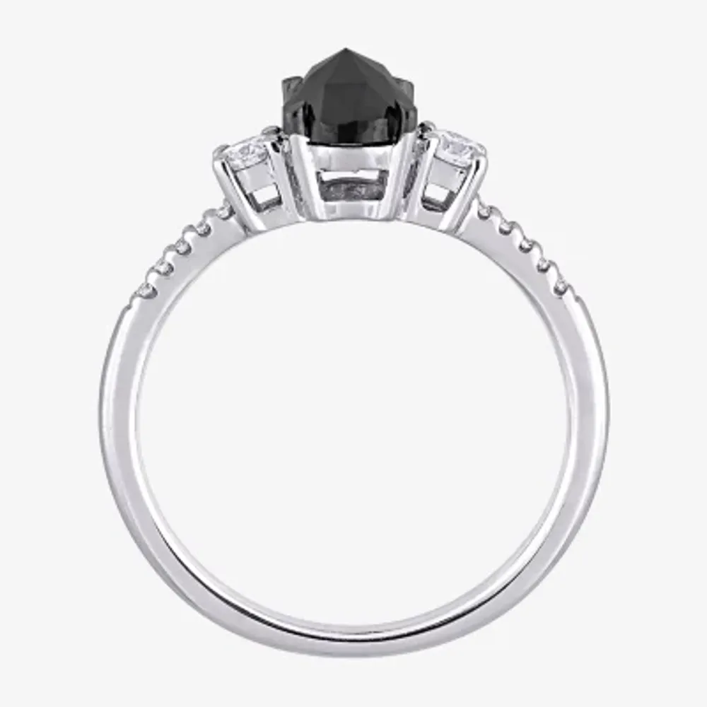 Midnight Black Womens 1 1/5 CT. T.W. Natural Diamond 14K White Gold Oval Side Stone 3-Stone Engagement Ring