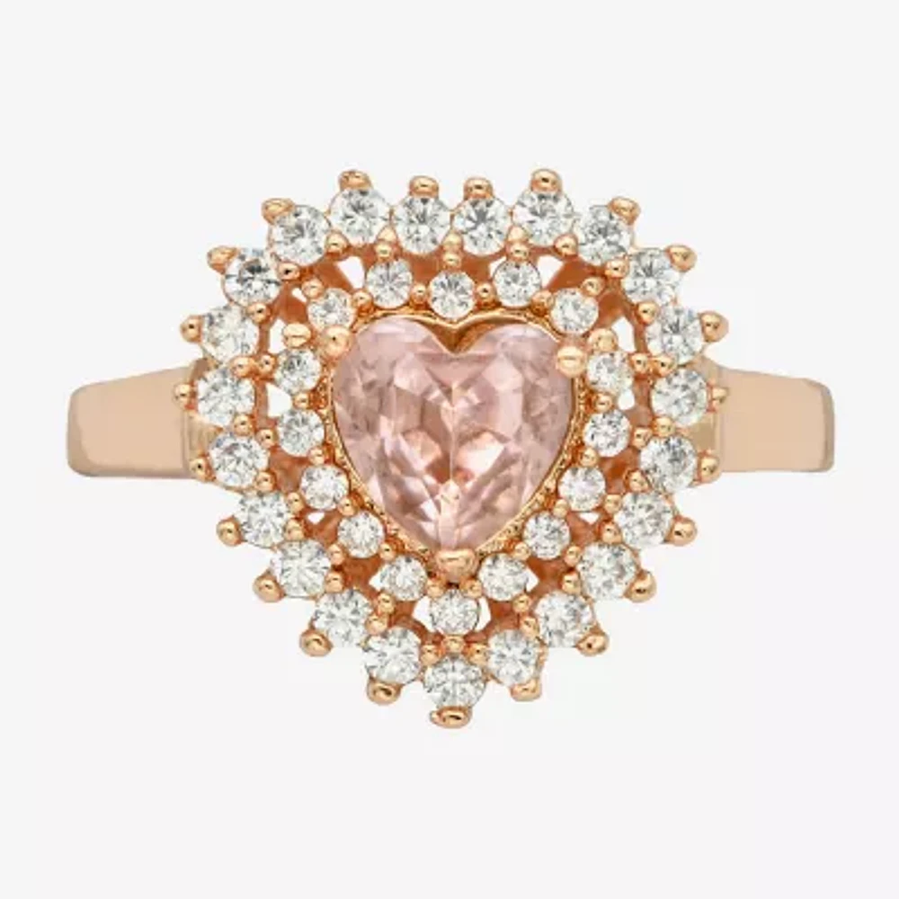 Sparkle Allure Double Halo Womens Pink Crystal 18K Rose Gold Over Brass Heart Cocktail Ring