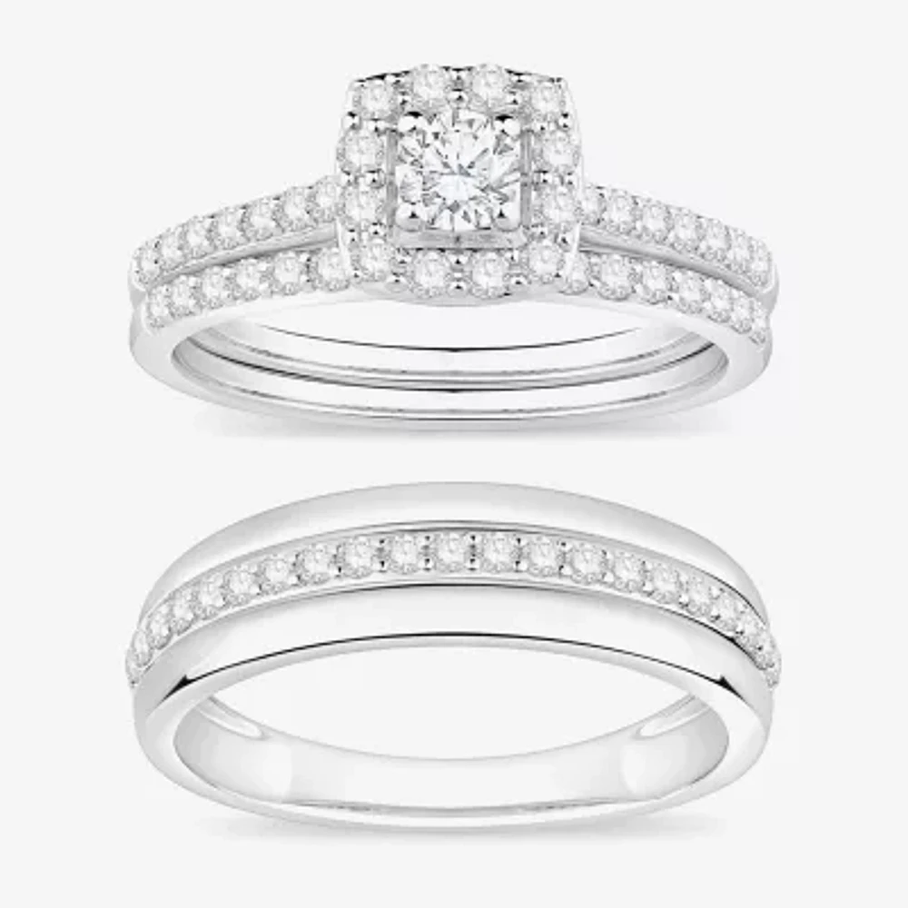 (I / Si1) 3PC Trio Set Featuring 1 CT. T.W. Lab Grown White Diamond 10K White Gold Round Side Stone Wedding Bridal Set