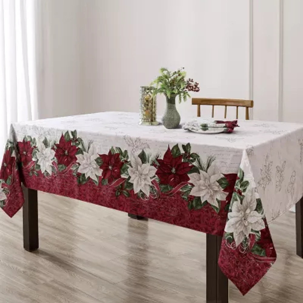 Elrene Home Fashions Clarette Poinsettia Holiday Fabric Tablecloth