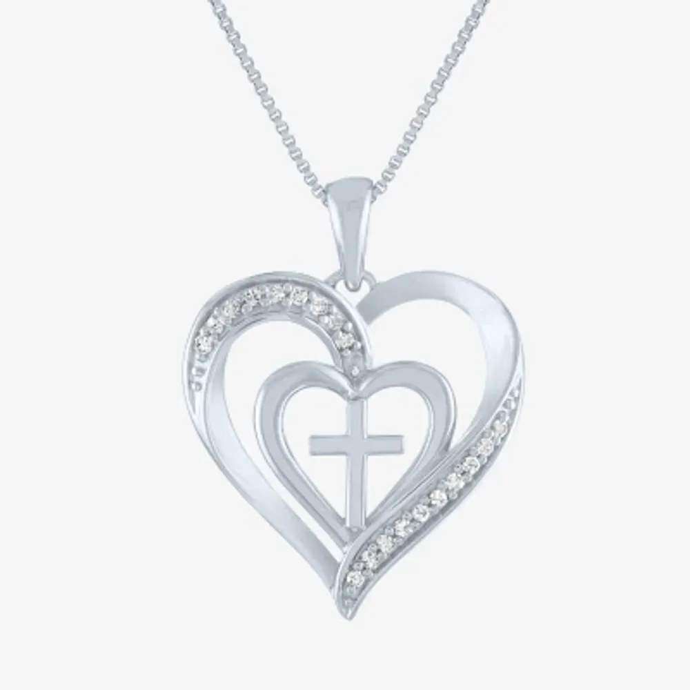 Womens 1/10 CT. T.W. Natural White Diamond Sterling Silver Cross Heart 18 Inch Pendant Necklace