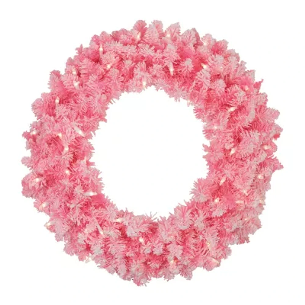 Northlight Flocked Pink Artificial With Clear Lights Pre-Lit Wreath