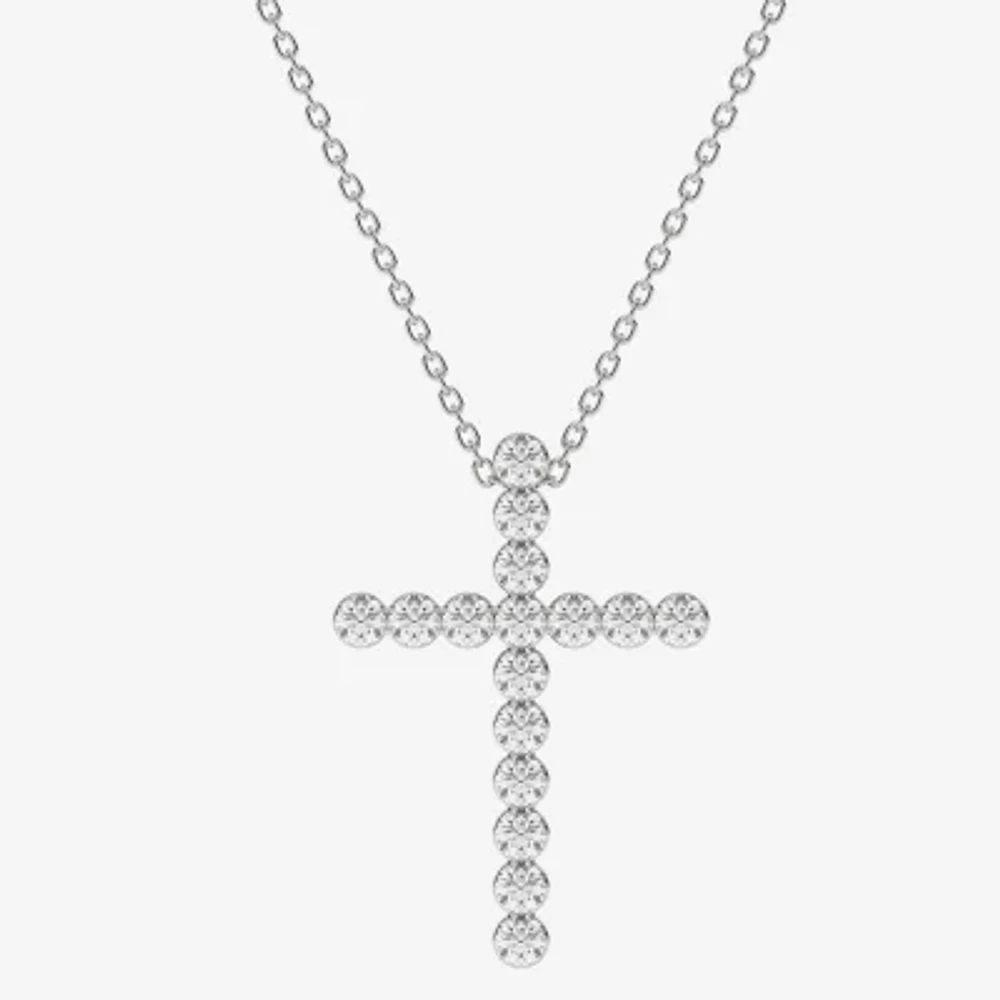 Floating Diamonds (F / Vs2) Womens 1 CT. T.W. Lab Grown White Diamond 14K White Gold Cross 18 Inch Pendant Necklace