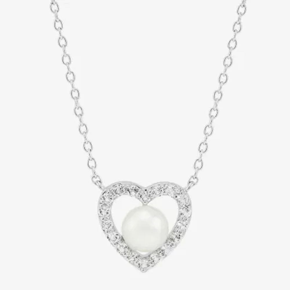 Womens White Cultured Freshwater Pearl Sterling Silver Heart 18 Inch Pendant Necklace